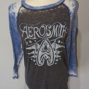 J.O.A. Men’s Aerosmith Long Sleeve Raglan Tee – Charcoal Gray with Blue Sleeves